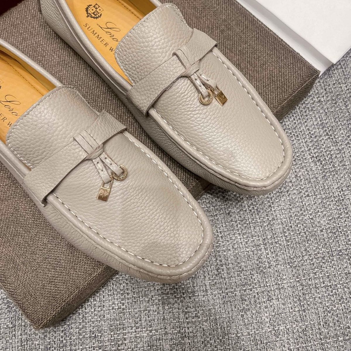 Loro Piana Men's Light Gray Metal-Accent Driving Loafers